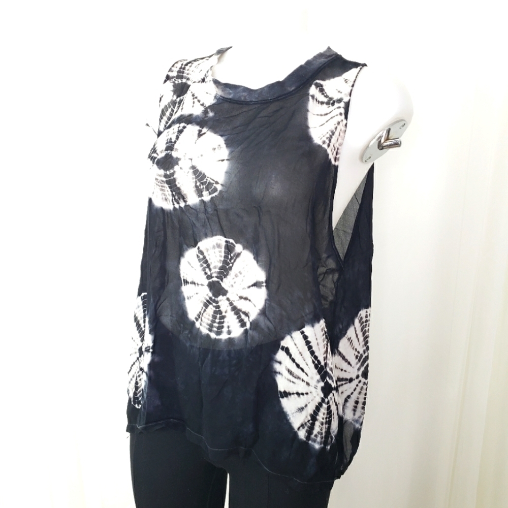 Lacausa black white flowy tie dye viscose sheer sleeveless top size XS